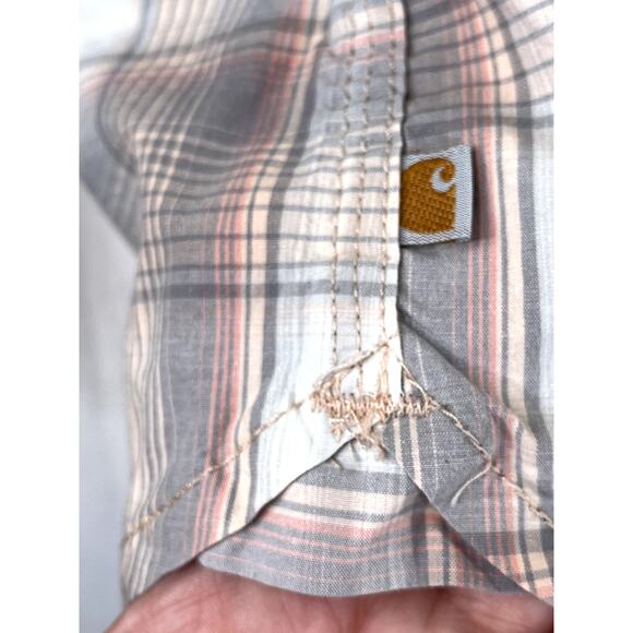Carhartt Women's Button Up Shirt Roll Tab Sleeves in gray/peach plaid, size XL - Picture 5 of 9